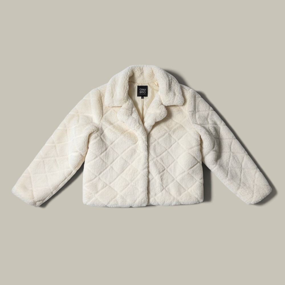 Cali 1850 Faux Fur Jacket Women L Cream Quilted Diamond Plush Lined